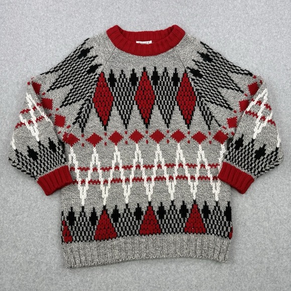 Vintage Susann D Sweater Womens Small Gray Red Wool Blend 3D Hand Knit Fair Isle - Picture 1 of 10